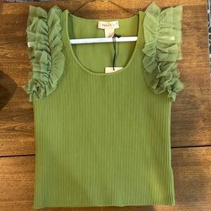 NWT Bailey 44 Light Green Ribbed Tulle Ruffle Sleeve Fitted Tank Top size Small